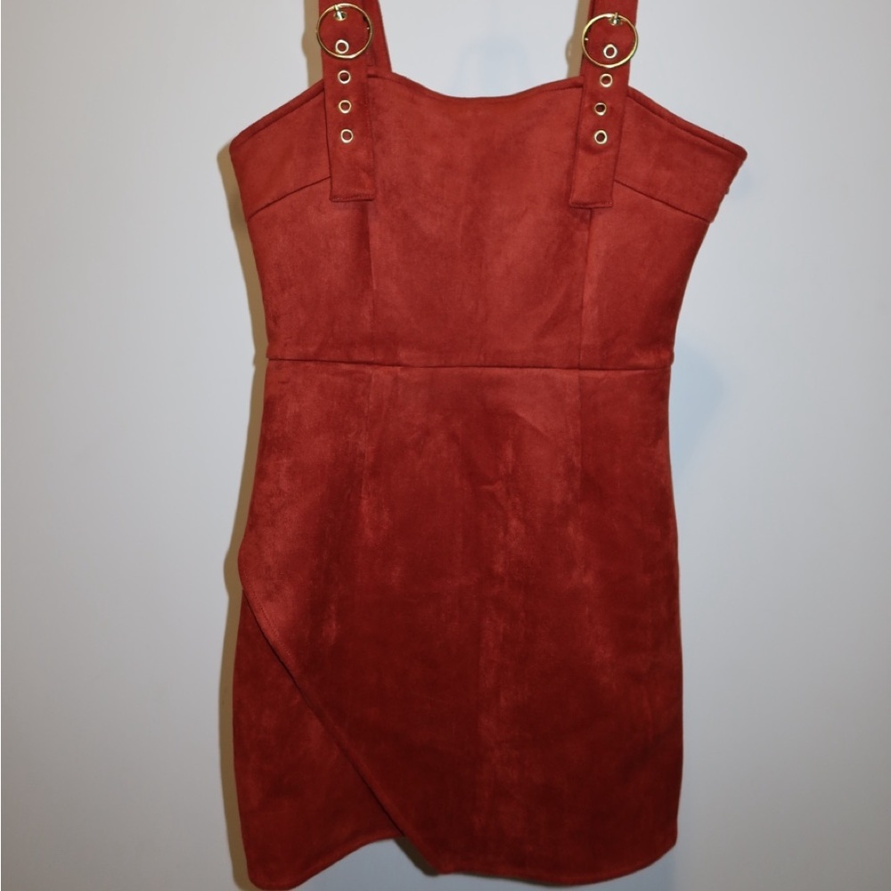 Suede Rust Orange Wrap Utility Style Mini Dress w/ gold hardware